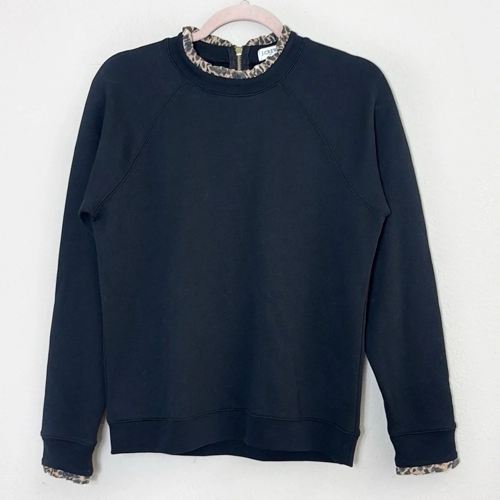J. Crew Woven ruffleneck pullover sweatshirt in black w/cheetah leopard print S